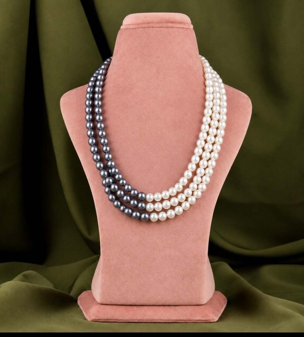 Olivia Jewelry Layered White Gray Pearl Necklace 3 Strand Adjustable Gift Box